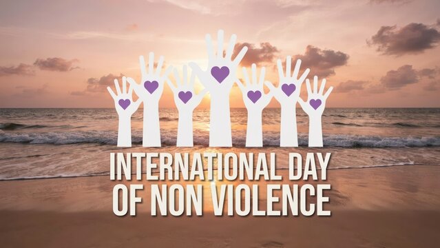 International Day of Non Violence text with raised hands and hearts over a sunset beach background. Perfect for peace campaigns and social awareness banners.