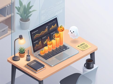 Isometric 3D Halloween Business Finance Analytics Illustration with Glass Laptop and Glowing Pumpkin Bar Chart on Office Desk