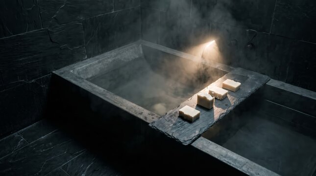Dark stone bathtub with steam and natural soap bars in spa-like bathroom.