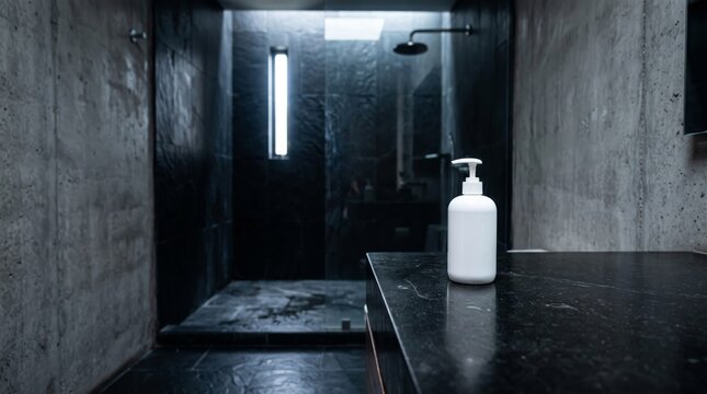 Clean white soap pump bottle set on dark marble vanity in moody industrial bathroom.