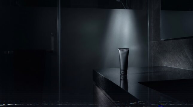 Black cosmetic tube stands on reflective dark countertop in modern restroom.