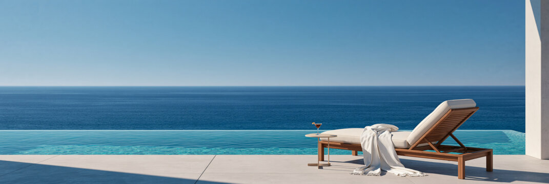 Infinity-Pool mit Meerblick und Liegestuhl, minimalistischer Luxus am Urlaubsort
