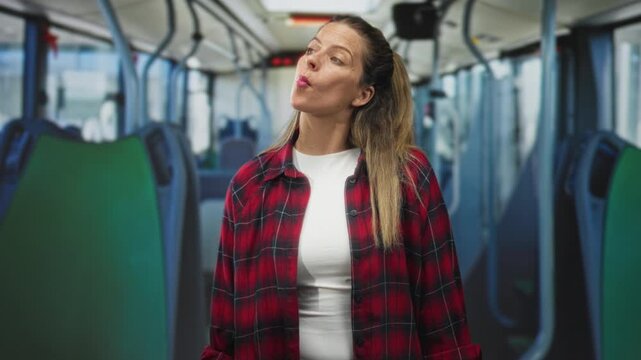 Woman pursing lips in a puckered mouth gesture while standing in a nearly empty bus aisle, wearing a red plaid shirt and white tshirt; urban commute contemplation.
