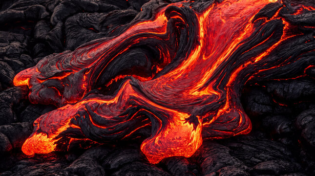 Molten Lava Flow: A close-up view of incandescent molten lava, glowing with fiery orange and red hues, slowly oozing over dark, solidified volcanic rock.