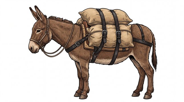 Brown donkey carrying heavy burlap sacks with leather straps as a working beast on white background