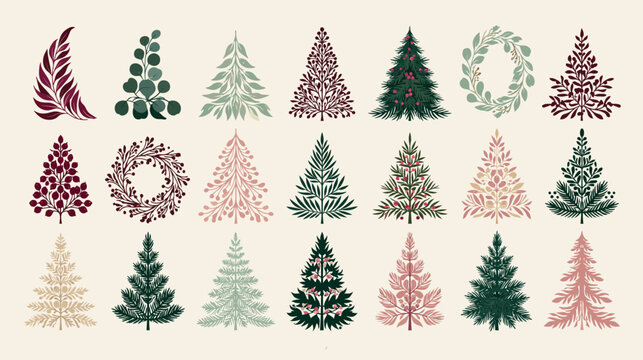Botanical Christmas Trees Clipart Set with Floral Pine Trees, Wreaths, and Branch Elements.