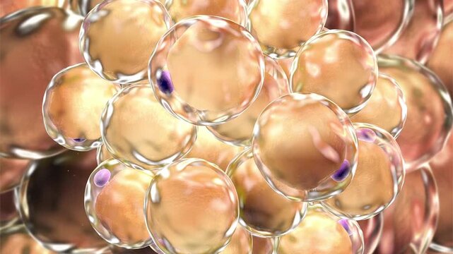 Adipocytes, 3D animation of fat cells with large lipid droplets and peripheral nuclei in adipose tissue.