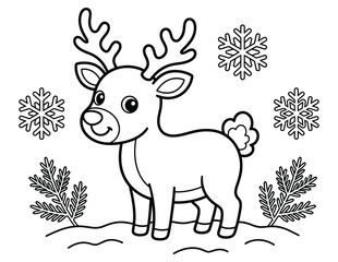 A delightful winter scene featuring a charming reindeer snowflakes and evergreen trees perfect for kids' creative coloring activities and holiday © MohammadMonzurul