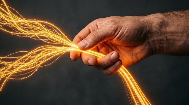 Close-up of a human hand manipulating glowing golden light fibers, symbolizing high-speed internet, digital connectivity, energy flow, and futuristic technology against a dark backdrop.