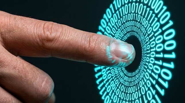Close up of a human finger touching a glowing circular digital binary code interface representing cyber security, software development, data access, and futuristic technology concepts.