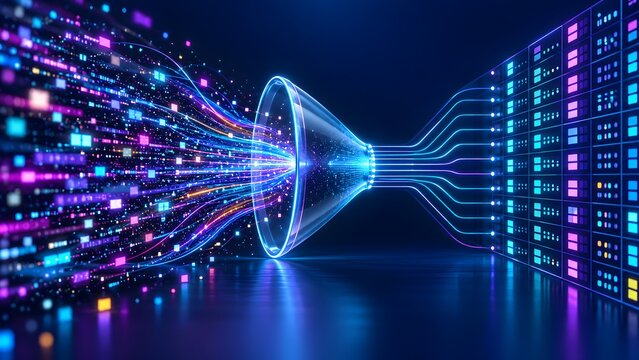 Massive big data stream filtering through a glowing virtual network funnel into a structured server storage matrix grid in an advanced cyberspace environment