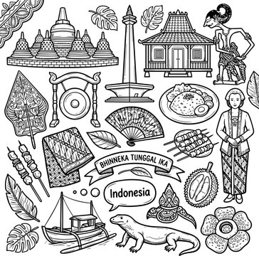 Hand Drawn Indonesian Culture and Landmark Doodle Collection Featuring Borobudur Monas and Wayang
