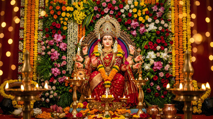 Obraz premium Goddess Durga idol dressed in a red saree is beautifully framed by vibrant floral decorations and glowing bokeh lights.