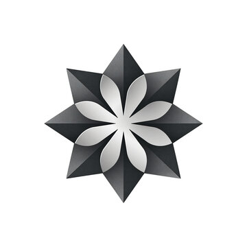 Geometric Star Flower Design A stylized, eight-pointed star with a floral-like center, rendered in grayscale with a subtle gradient effect creating a sense of depth and sophistication.