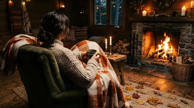 Woman in cozy sweater reading a book on sofa near fireplace in warm living room with candles and firelight
