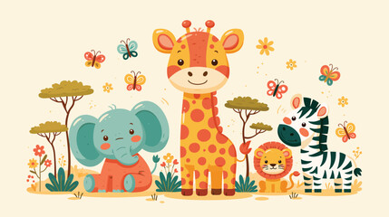 Fototapeta premium Cute Safari Animals Illustration with Baby Giraffe, Elephant, Zebra, Lion, and Acacia Trees in Savannah.