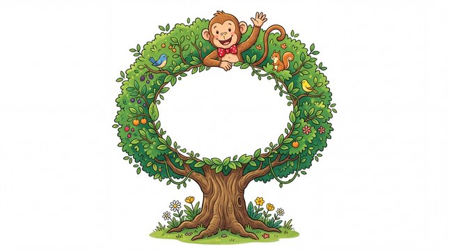 Cheerful monkey waving from a circular tree frame decorated with small animals on white background