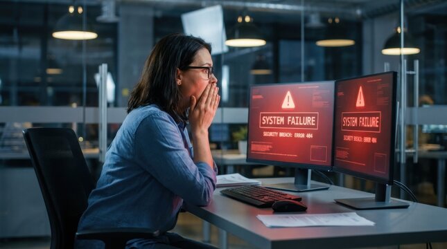Stressed woman looking at computer screens displaying a system failure error message