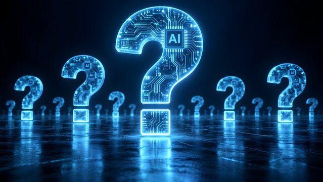 Glowing digital question marks featuring circuit board patterns and artificial intelligence microchips reflecting on a dark futuristic cyberspace floor