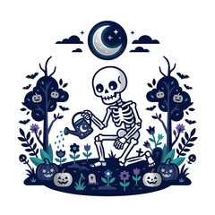 Obraz premium Skeleton watering plants in moonlit Halloween garden