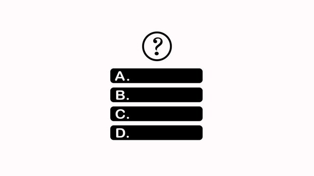 Quiz template animation with question mark and multiple choice options A B C and D on white background. Quiz template challenge with option selection. Choice of answer options animation concept