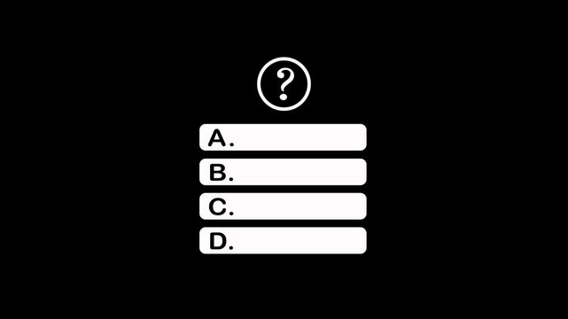 Quiz template animation with question mark and multiple choice options A B C and D on black background. Quiz template challenge with option selection. Choice of answer options animation concept