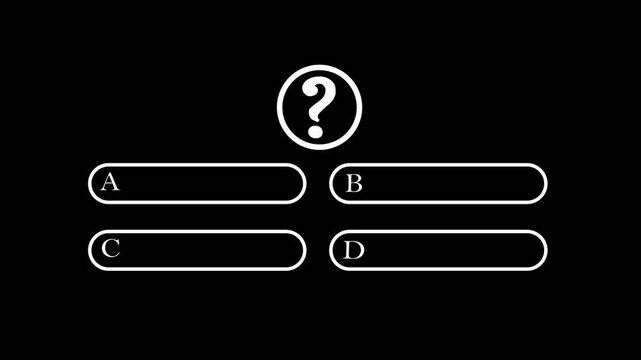 Question template with quiz concept animation on black background. Choice of answer options concept. Quiz template challenge with option selection A,B,C and D animation with alpha channel