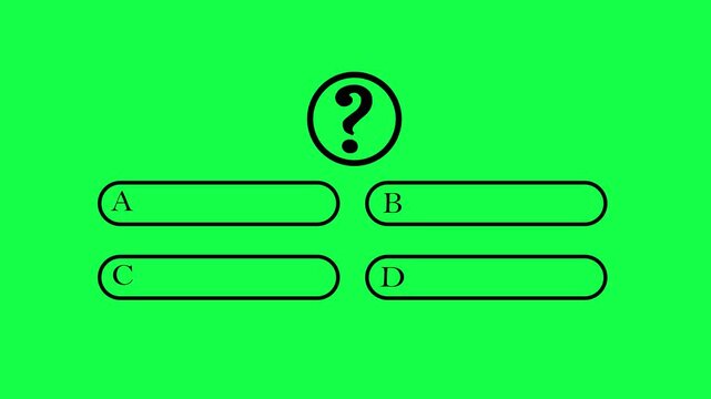 Question template with quiz concept animation on green background. Choice of answer options concept. Quiz template challenge with option selection A,B,C and D animation with alpha channel