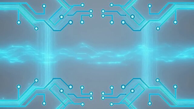 Blue circuit board line patterns with branches and nodes on white background