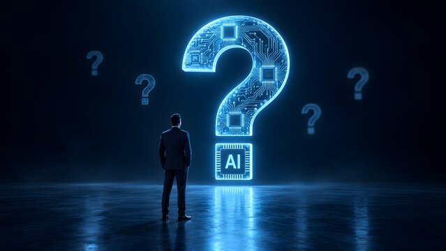 Businessman analyzing artificial intelligence concept with glowing circuit question mark representing future technology strategy and digital transformation challenges