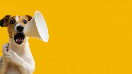 A cuddly dog holding a megaphone, situated on the extreme left against a sun-yellow backdrop. An amusing and spirited photograph ideally suited for announcements and promotions.