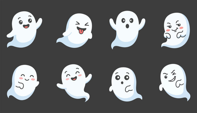 Set of cute cartoon ghosts with different emotions and expressions for halloween design