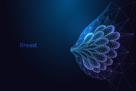 Female Breast Anatomy Mammography Screening Glowing Blue Neon Polygonal Vector illustration