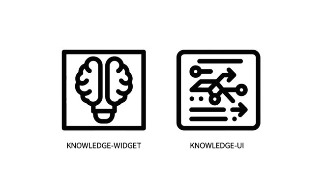 Knowledge widget and knowledge UI outline icons representing brain and network interface with knowledge UI brain icon data structure information
