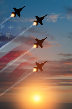 Air Force Day. Aircraft silhouettes on background of sunset with a transparent American flag. Vertical poster.