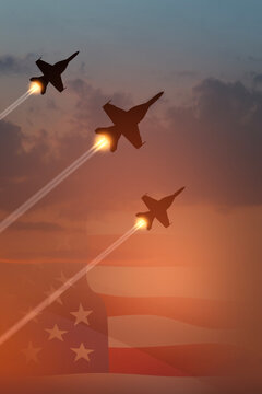 Air Force Day. Aircraft silhouettes on background of sunset with a transparent American flag. Vertical poster.