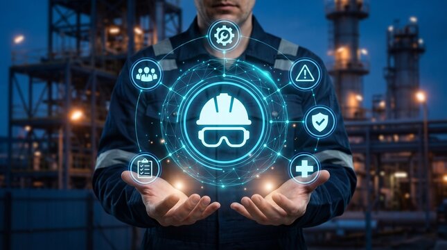 Occupational Safety Management Concept with Professional Holding Digital Hard Hat Symbol for Workplace Risk Control and Employee Protection