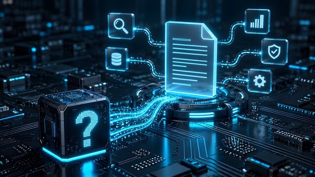 Futuristic digital document processing through artificial intelligence microchip featuring data extraction searching and secure electronic file management system