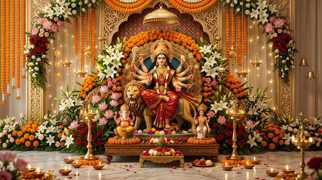 Goddess Durga statue with marigold garlanding and flowers