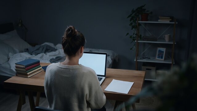 A woman sits at a wooden desk in a dimly lit bedroom working on a laptop with a stack of books and paper nearby