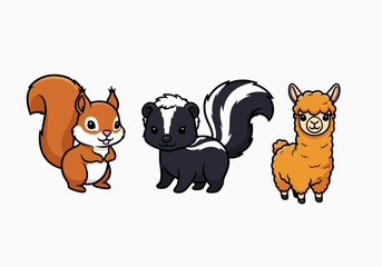 Fototapeta premium Cute cartoon squirrel skunk and alpaca characters