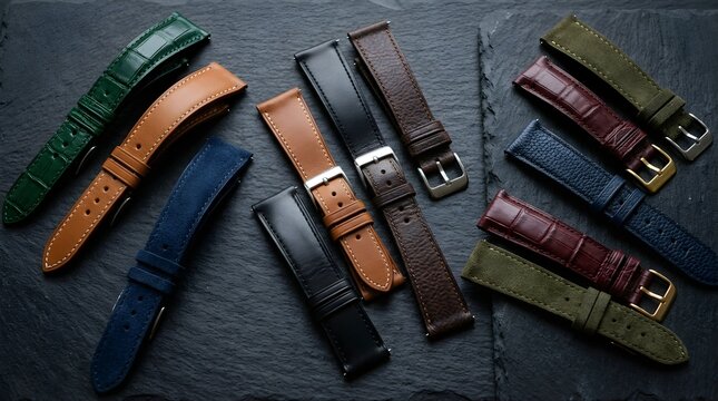 Collection of luxury leather watch straps on dark textured slate stone