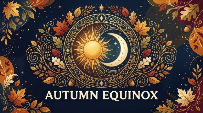 Autumn equinox celestial design with sun and moon surrounded by fall leaves and golden ornaments