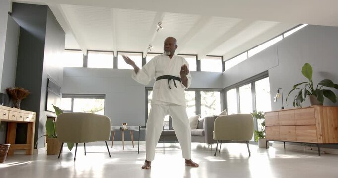 Lifestyle videos indoor of people doing activities at home, practicing martial arts, man in karate u