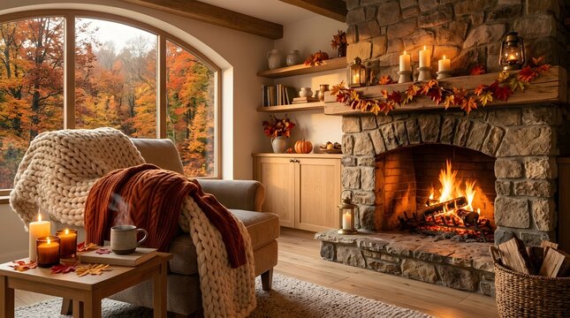 Woman in cozy sweater reading a book by fireplace in a warmly decorated living room with natural light