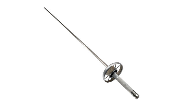 Professional silver metallic fencing foil sword epee weapon isolated on transparent background.