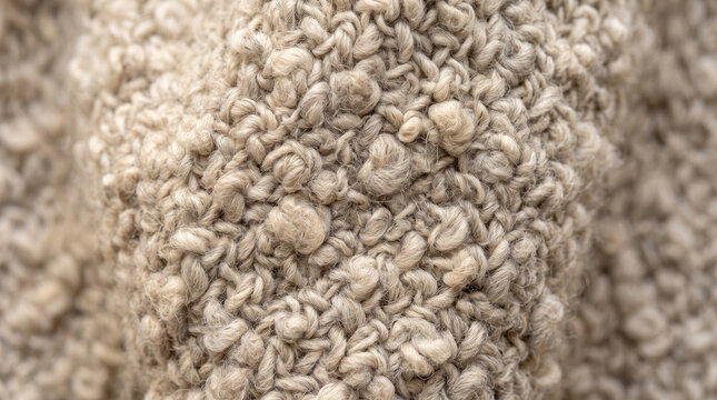 A close-up view shows a thick beige knitted fabric with a chunky uneven wool texture.