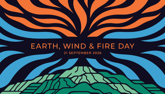 Vibrant stylized tree illustration celebrating earth wind and fire day poster