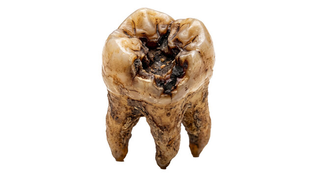 Close up decayed molar tooth with severe cavity.