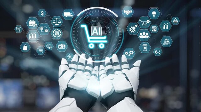 Futuristic robot hands interact with various e-commerce icons, representing the influence of artificial intelligence in shaping modern shopping experiences and digital transactions. Salient